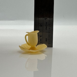 May include: A small, cream-colored teacup and saucer set made of pasta. The set is about 1 inch tall and is next to a ruler for scale.