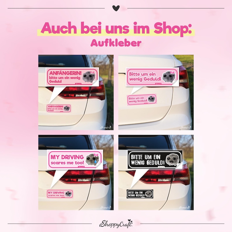 Imán para coche con forma de hámster triste "Por favor, ten paciencia" - Letrero para conductores noveles, divertido | Regalo para mejor amigo, idea para regalar al carnet de conducir, rosa imagen 5