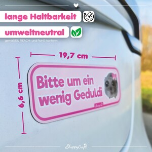 Imán para coche con forma de hámster triste "Por favor, ten paciencia" - Letrero para conductores noveles, divertido | Regalo para mejor amigo, idea para regalar al carnet de conducir, rosa imagen 3