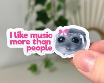 Sad Hamster Meme Sticker - Phone Sticker 'I like music more than people' | Funny gift idea for best friend, pink, waterproof