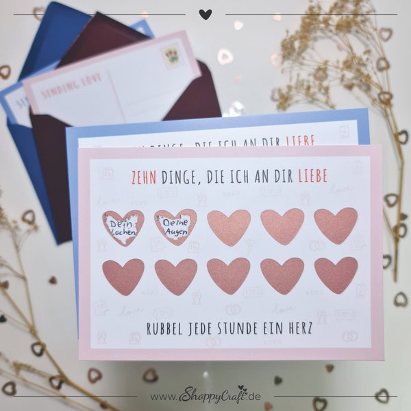 DIY Karte zum Rubbeln - Valentinstag, Jahrestag Geschenk für Sie & Ihn | Zehn Dinge, die ich an dir liebe - Partner Rubbelkarte, Geburtstag