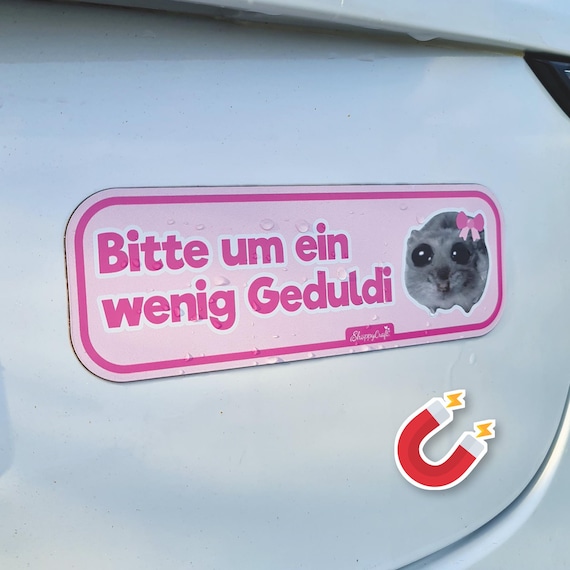 Sad Hamster Auto Magnet ‚Bitte um ein wenig Geduldi’- Fahranfänger Schild, lustig | Beste Freundin Geschenk, Führerschein Geschenkidee, pink