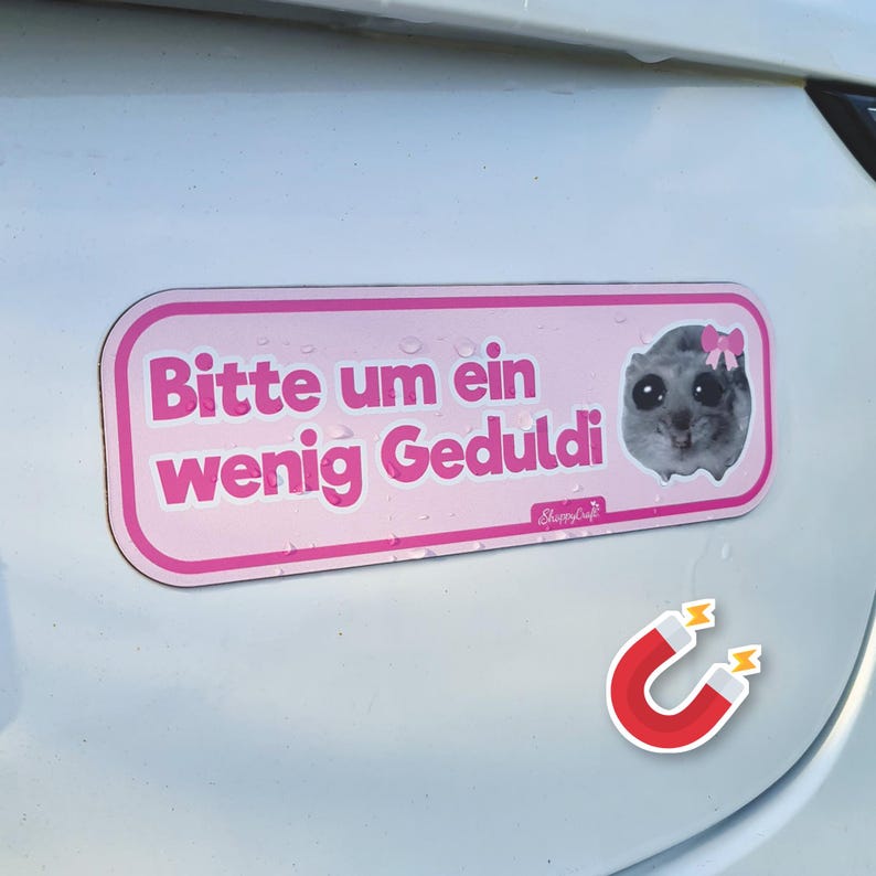 Imán para coche con forma de hámster triste "Por favor, ten paciencia" - Letrero para conductores noveles, divertido | Regalo para mejor amigo, idea para regalar al carnet de conducir, rosa imagen 1