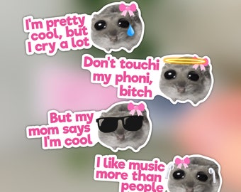 Sad Hamster Meme Sticker Set - 4 Phone Stickers | Funny Gift Idea for Best Friend, Pink, Waterproof
