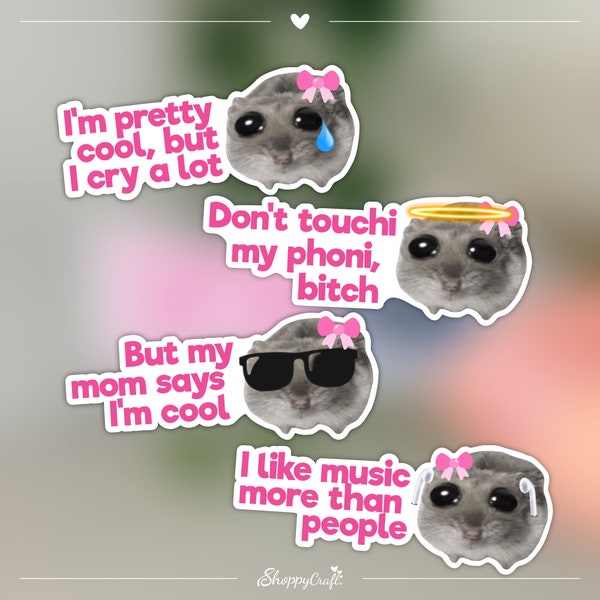 Sad Hamster Meme Sticker Set - 4 Handy Aufkleber | Lustige Geschenk Idee für Beste Freundin, pink, wasserfest