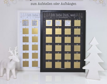 DIY Adventskalender zum Rubbeln - mit Rahmen | A4 Rubbel Weihnachtskalender für Paare, Ich liebe Dich weil, für Ihn & Sie, minimalistisch