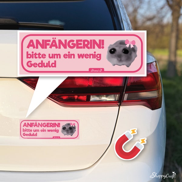 Sad Hamster Auto Magnet - Fahranfänger Schild, lustig | Beste Freundin Geschenk, Führerschein Geschenkidee, wasserfest, UV-beständig, pink