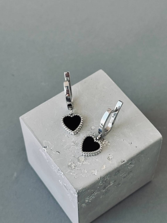 925 Silver Heart Dangle Earrings Black onyx silver earrings in Sterling Silver 925 Gift for Girlfriend everyday earrings black onyx earrings