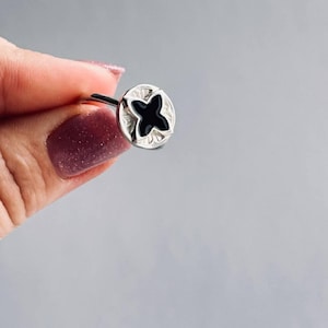 4 leafs silver ring with black flower, silver clover ring, onyx clover ring, statement ring minimalist ring