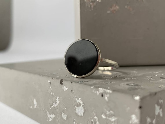 Sterling Silver Onyx Band Round Onyx Ring Black Round Flat