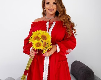 women embroidery clothes red dress Black women dress etnhic clothes Stylish boho dress Women made in Ukraine clothes Floral embroidery dress