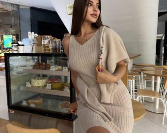 Casual wear jersey dress, Modern Oversize Dress with Embroidery, Knitwear midi dress for women Sweater vest and dress set autumn dress