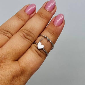 Sterling Silver 925 Double Band Ring with Heart Charm Statement Ring with heart Accents Bold for Women Chain link  Connected Ring