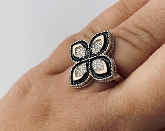 Silver 925 ring Flower back ring Anniversary Silver Rings For Women Four Petal Flower Ring Ukraine selr Black Gold ring Gift for her