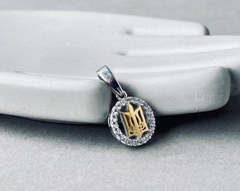 925 Silver Pendant with Cubic Zirconia and Ukrainian Coat of Arms - Round Shape ukrainian tryzub charms  Chistmas gifts ukraine necklace
