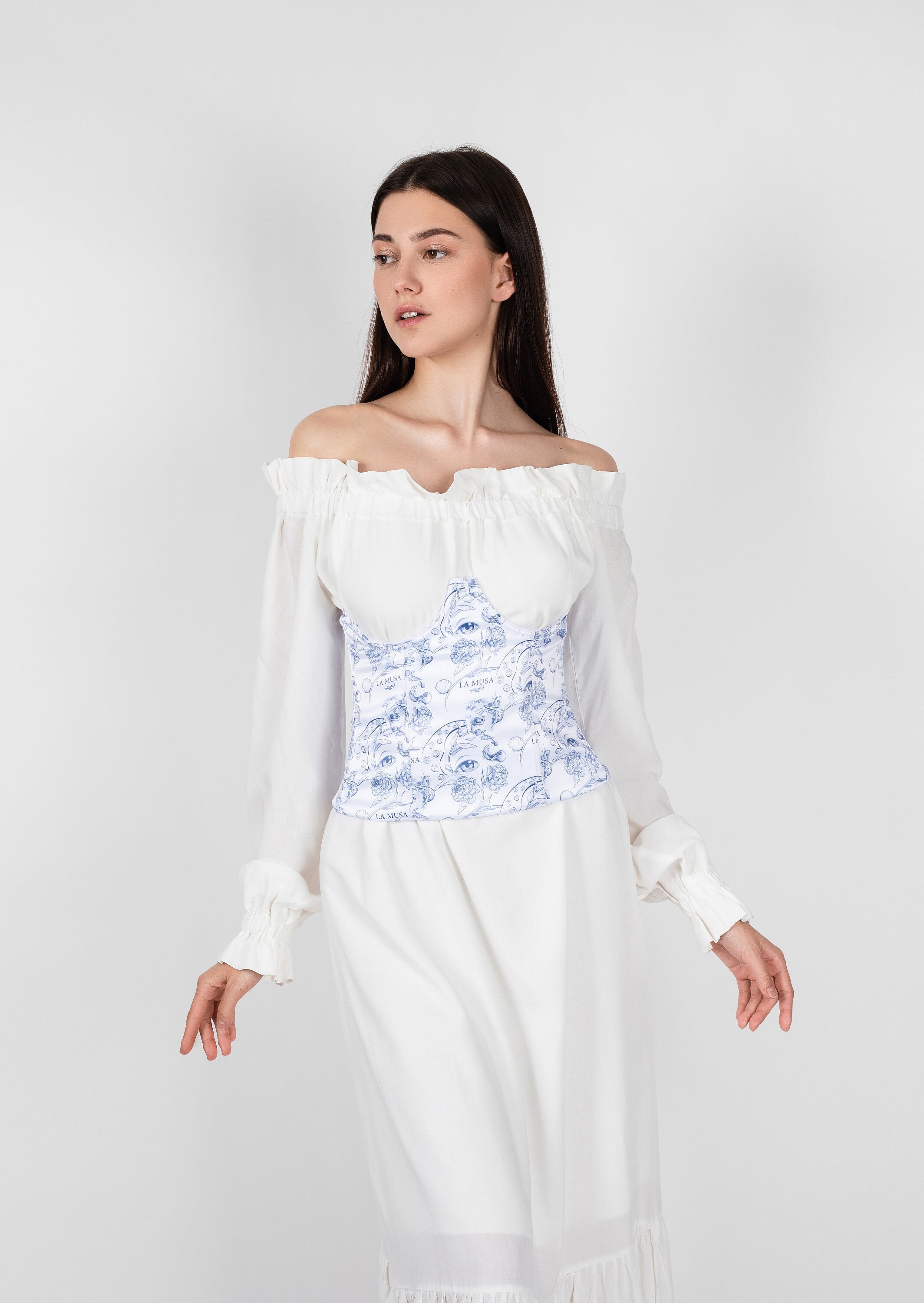 White Blue Underbust Corset / Satin 