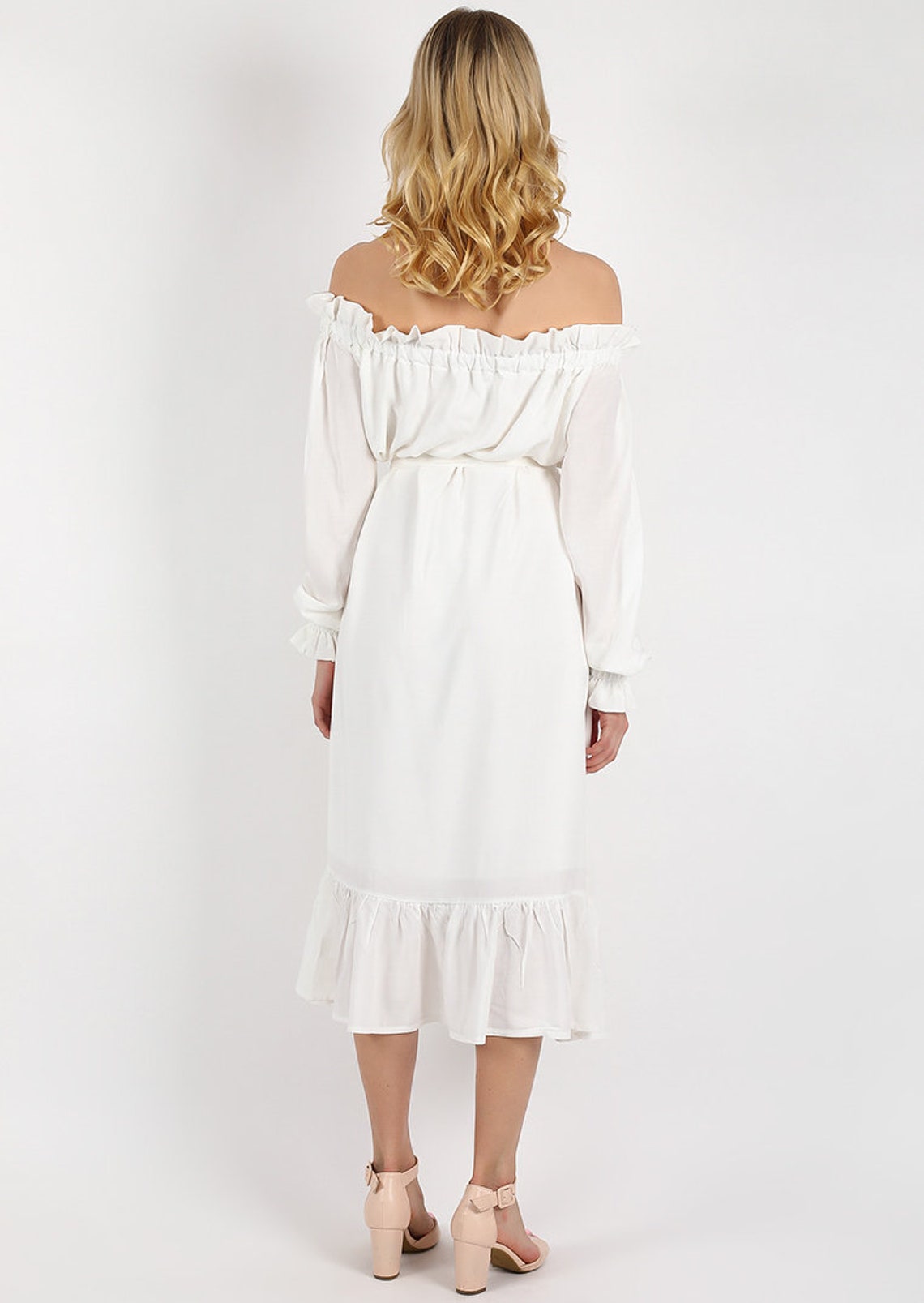 White cotton dress / shoulderless dress with belt / simple Etsy