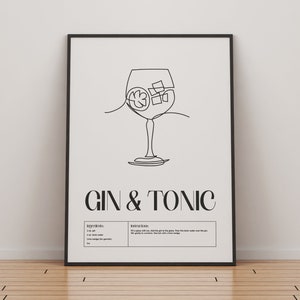 Gin and Tonic Cocktail Print Classic Cocktails Mixology Kitchen Cocktail Art Cocktail Recipe Cocktail Guide Bar Gift Home Decor Black and White