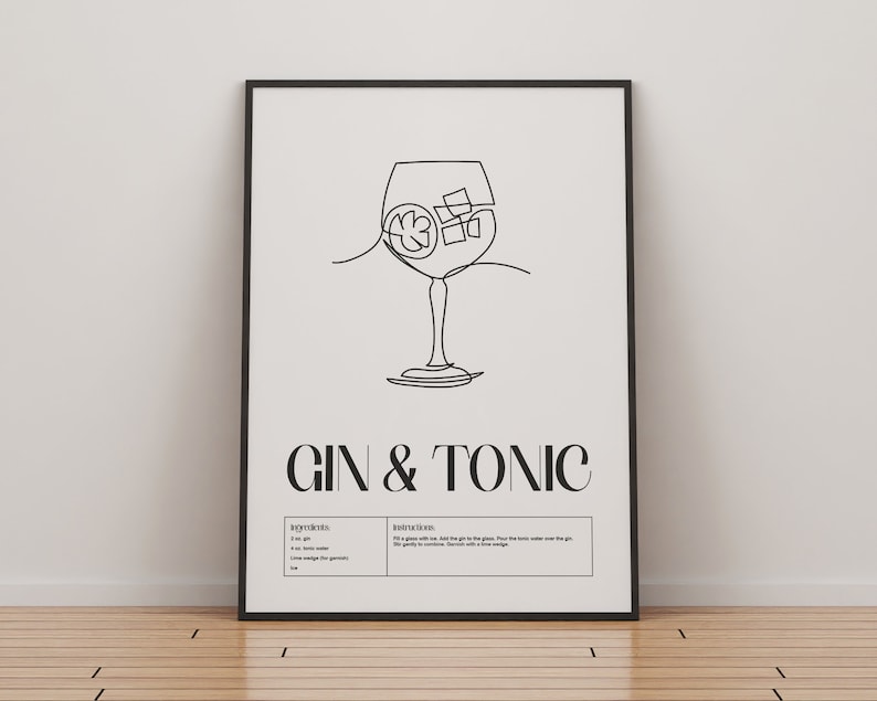 Gin and Tonic Cocktail Print Classic Cocktails Mixology Kitchen Cocktail Art Cocktail Recipe Cocktail Guide Bar Gift Home Decor Black and White