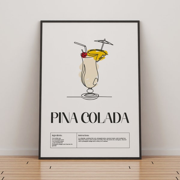 Pina Colada Cocktail Print | Classic Cocktails Mixology | Kitchen Cocktail Art | Cocktail Recipe | Cocktail Guide | Bar Gift | Home Decor