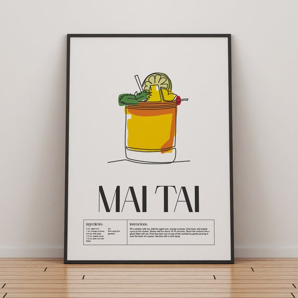 Mai Tai Cocktail Print | Classic Cocktails Mixology | Kitchen Cocktail Art | Cocktail Recipe | Cocktail Guide | Bar Gift | Home Decor