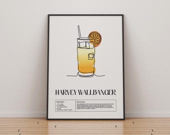 Harvey Wallbanger Cocktail Poster | Klassische Cocktails Mixologie | Küche Cocktail Kunst | Cocktail-Rezept | Bar Geschenk | Wohnkultur | Getränke