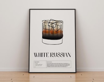 Weisser russischer Cocktail-Druck | Klassische Cocktails Mixologie | Küche Cocktail Kunst | Cocktail-Rezept | Cocktail Anleitung | Bar Geschenk | Wohndekor