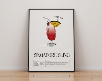 Singapore Sling Cocktail Druck | Klassische Cocktails Mixologie | Küche Cocktail Kunst | Cocktail-Rezept | Bar Geschenk | Wohnkultur | Getränke