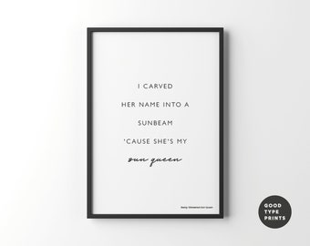 Sun Queen Inspired Lyrics Print | Music Poster | A5 A4 A3 | Typography | Indie Rock Art | Gig | Concert | Minimalist | Glasgow