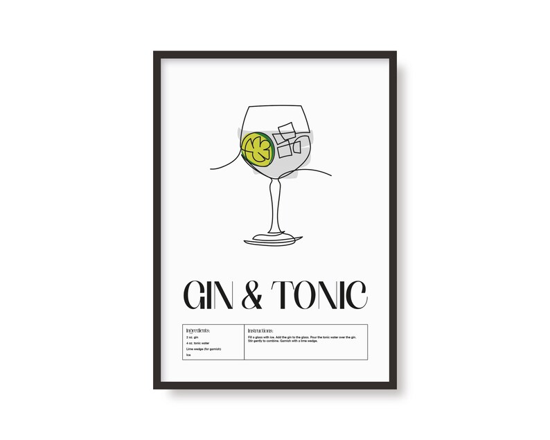 Gin and Tonic Cocktail Print Classic Cocktails Mixology Kitchen Cocktail Art Cocktail Recipe Cocktail Guide Bar Gift Home Decor image 3