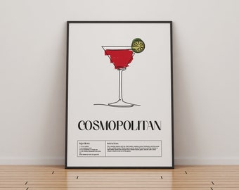 Cosmopolitan Cocktail Print | Classic Cocktails Mixology | Kitchen Cocktail Art | Cocktail Recipe | Cocktail Guide | Bar Gift | Home Decor