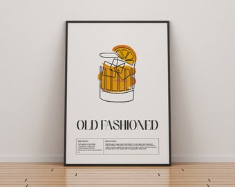 Old Fashioned Cocktail Print | Classic Cocktails Mixology | Kitchen Cocktail Art | Cocktail Recipe | Cocktail Guide | Bar Gift | Home Decor