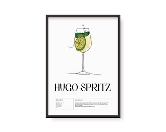 Hugo Spritz-cocktailprint | Klassieke cocktailmixologie | Keukencocktailkunst | Cocktailrecept | Cocktailgids | Barcadeau | Woondecoraties
