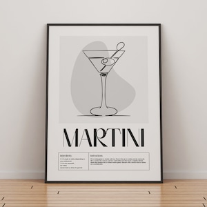 Martini Cocktail Poster | Klassische Cocktails Mixologie | Küche Cocktail Kunst | Cocktail-Rezept | Cocktail Anleitung | Bar Geschenk | Abstraktes Dekor