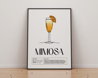 Mimosa Cocktail Poster | Klassische Cocktails Mixologie | Küche Cocktail Kunst | Cocktail-Rezept | Bar Geschenk | Wohnkultur | Getränke
