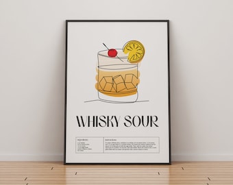 Whisky Sour Cocktail Druck | Klassische Cocktails Mixologie | Küche Cocktail Kunst | Cocktail-Rezept | Cocktail Anleitung | Bar Geschenk | Wohndekor
