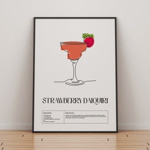 Erdbeer Daiquiri Cocktail Poster | Klassische Cocktails Mixologie | Küche Cocktail Kunst | Cocktail Rezept-Anleitung | Bar Geschenk | Wohndekor
