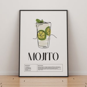 Mojito Cocktail Poster | Klassische Cocktails Mixologie | Küche Cocktail Kunst | Cocktail-Rezept | Cocktail Anleitung | Bar Geschenk | Wohndekor