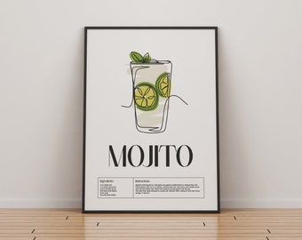 Mojito Cocktail Print | Classic Cocktails Mixology | Kitchen Cocktail Art | Cocktail Recipe | Cocktail Guide | Bar Gift | Home Decor