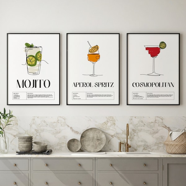 Any 3 Cocktail Prints | Mix and Match | Classic Cocktails Mixology | A4 A3 A2 A1 50x70 | Kitchen Cocktail Recipe Art | Bar Gift | Home Decor