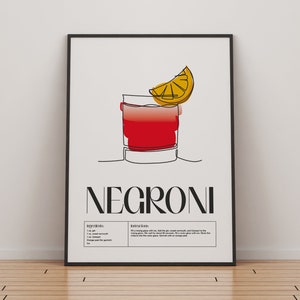 Impresión de cóctel Negroni / Mixología de cócteles clásicos / Arte de cócteles de cocina / Receta de cócteles / Guía de cócteles / Regalo de bar / Decoración del hogar