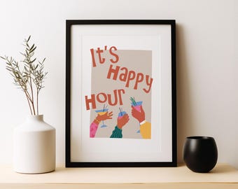 Es ist glückliche Stunde Druck | Wein Wand Kunst | Klassische Cocktails Mixology Kitchen Cocktail Art | Cocktail-Poster | Bar Geschenk | Wohnkultur | Cin Cin