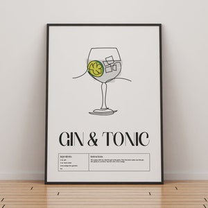 Gin and Tonic Cocktail Print Classic Cocktails Mixology Kitchen Cocktail Art Cocktail Recipe Cocktail Guide Bar Gift Home Decor Colour