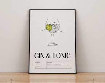 Gin and Tonic Cocktail Print | Classic Cocktails Mixology | Kitchen Cocktail Art | Cocktail Recipe | Cocktail Guide | Bar Gift | Home Decor