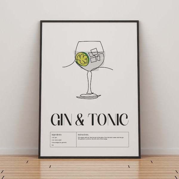Gin and Tonic Cocktail Print | Classic Cocktails Mixology | Kitchen Cocktail Art | Cocktail Recipe | Cocktail Guide | Bar Gift | Home Decor