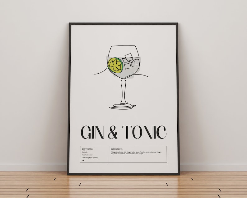 Gin and Tonic Cocktail Print Classic Cocktails Mixology Kitchen Cocktail Art Cocktail Recipe Cocktail Guide Bar Gift Home Decor Colour