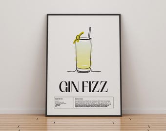 Gin Fizz Cocktail Poster | Klassische Cocktails Mixologie | Küche Cocktail Kunst | Cocktail-Rezept | Bar Geschenk | Wohnkultur | Getränke