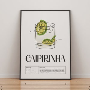 Impresión de cóctel Caipirinha, Mixología de cócteles clásicos, Arte de cócteles de cocina, Receta de cóctel, Guía de cócteles, Regalo de bar, Decoración del hogar