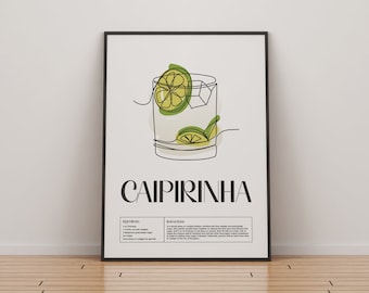 Caipirinha Cocktail Poster | Klassische Cocktails Mixologie | Küche Cocktail Kunst | Cocktail-Rezept | Cocktail Anleitung | Bar Geschenk | Wohndekor