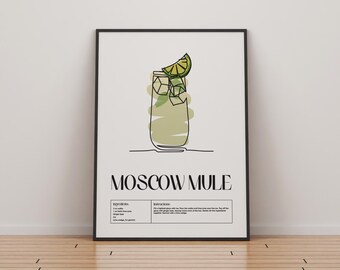 Moskauer Mule Cocktail Poster | Klassische Cocktails Mixologie | Küche Cocktail Kunst | Cocktail-Rezept | Bar Geschenk | Wohnkultur | Getränke